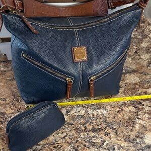 Dooney & Bourke Navy Pebble Leather Shoulder Bag with Brown Trim and Pouch